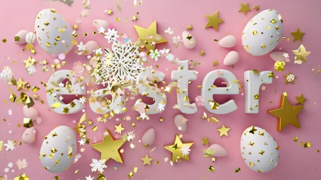 Happy easter egg text animation, greeting video template, pink background with confetti