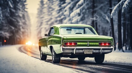 Vintage green car driving on a snowy road with tall trees lining the path during winter