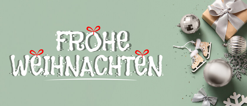 Christmas balls, snowflakes and gift box on green background - Powered by Adobe