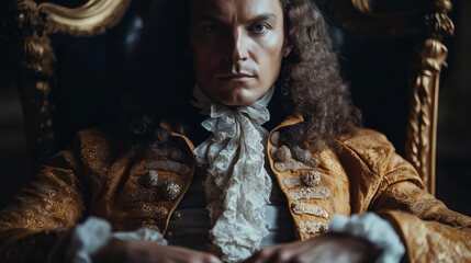 A regal figure sits in ornate attire in a grand historical setting. A portrait of a royal person man with long hair and elaborate clothing presents a majestic demeanor in an elegant chair.