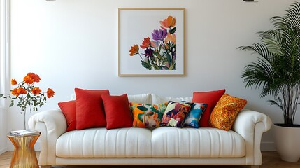  Stylish sofa setup with bold cushions and fresh flowers, creating a cheerful and inviting atmosphere. Mock up poster frame. 
