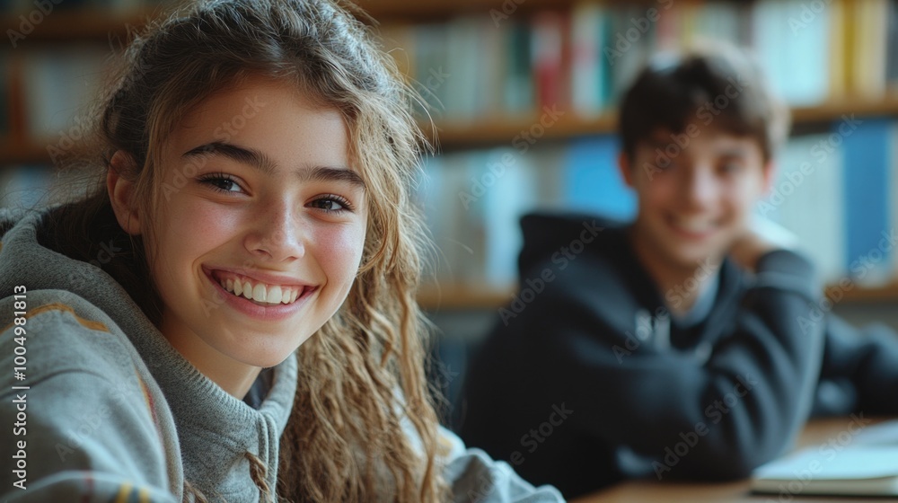 Sticker Smiling Teenagers in Library