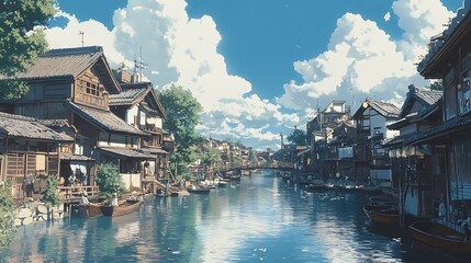 Obraz premium Anime style canal town illustration with blue sky and fluffy white clouds