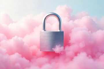 Metallic padlock floating on pink clouds, symbolizing security and privacy in a dreamy, surreal environment. 