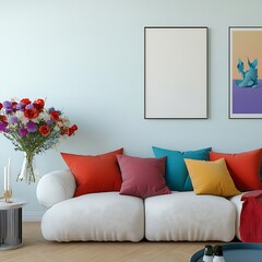  Stylish sofa setup with bold cushions and fresh flowers, creating a cheerful and inviting atmosphere. Mock up poster frame. 