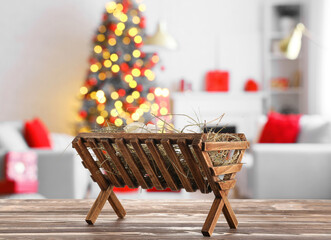 Blurred view of stylish living room with Christmas trees