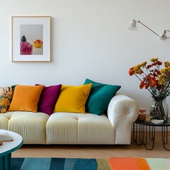  Stylish sofa setup with bold cushions and fresh flowers, creating a cheerful and inviting atmosphere. Mock up poster frame. 