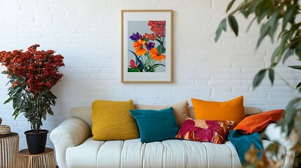  Stylish sofa setup with bold cushions and fresh flowers, creating a cheerful and inviting atmosphere. Mock up poster frame. 