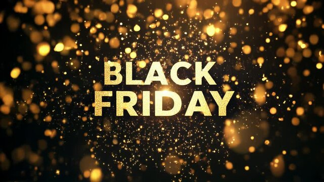 eye catching Black Friday sale banner in bold, golden glitter against a shimmering dark background