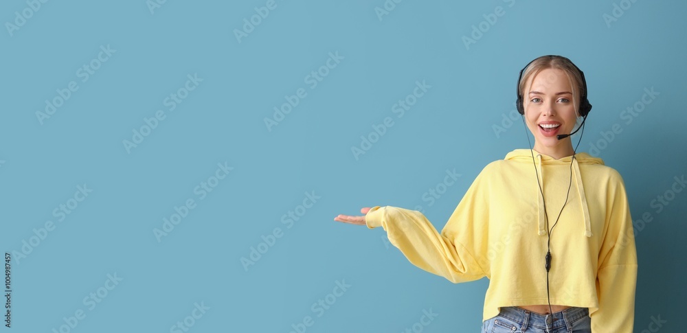 Poster female technical support agent showing something on blue background with space for text