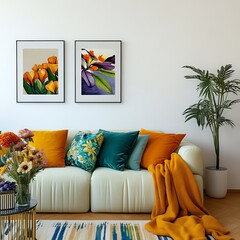  Stylish sofa setup with bold cushions and fresh flowers, creating a cheerful and inviting atmosphere. Mock up poster frame. 