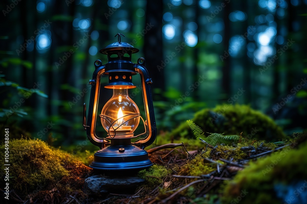 Aufkleber illuminated lantern resting on moss in a tranquil forest during twilight hours