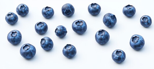 A collection of plump blueberries scattered across a white background