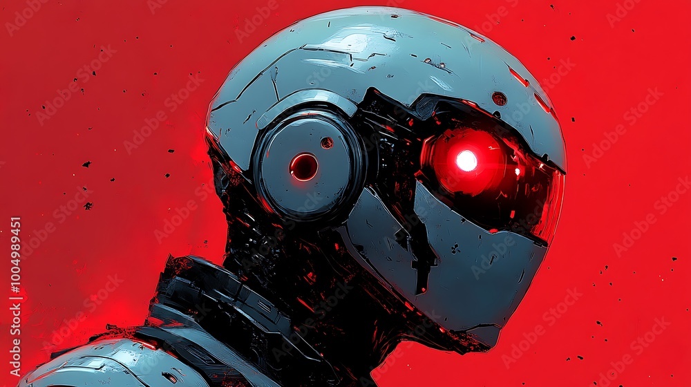 Poster cyberpunk robot with red eyes on red background