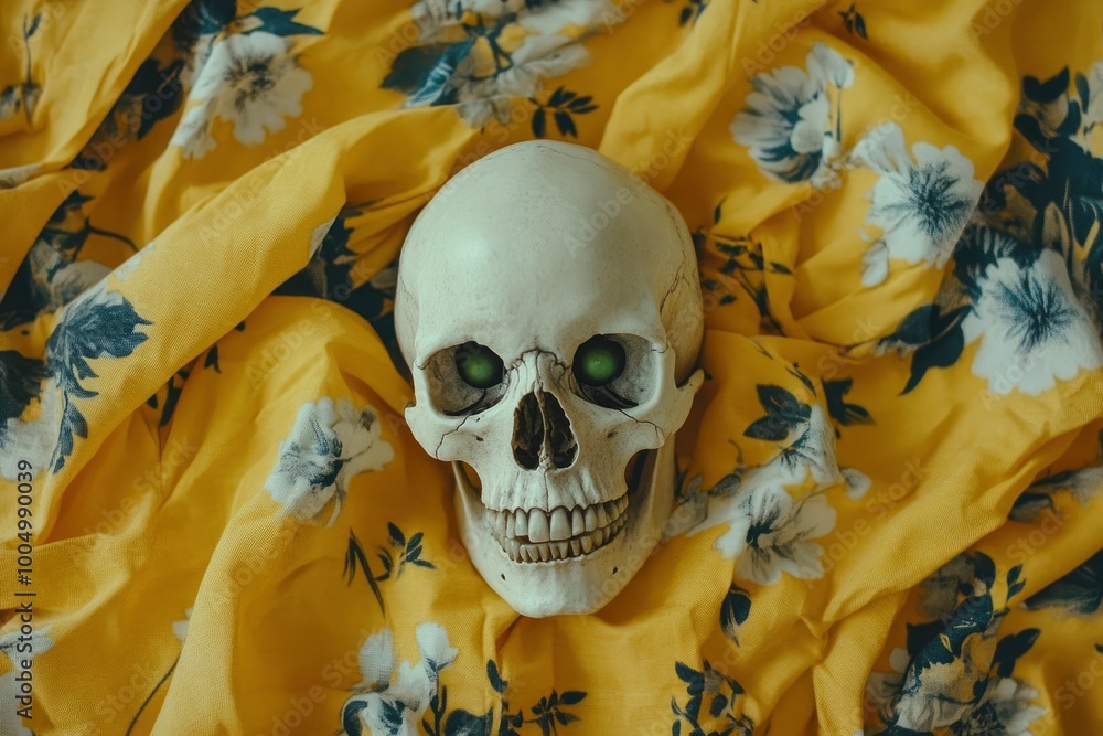 Wall mural Spooky human skull looking at camera with green eyes while being placed on fabrics with drawn flowers and yellow background - generative ai