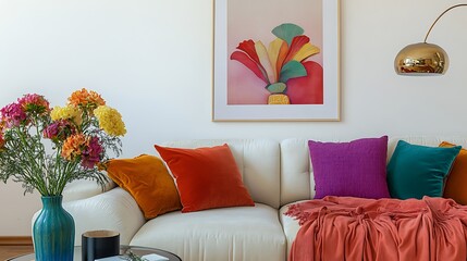  Stylish sofa setup with bold cushions and fresh flowers, creating a cheerful and inviting atmosphere. Mock up poster frame. 