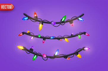 Festive Christmas colorful string lights brightly glowing. Realistic 3d New Year decorations garland isolated on rich lilac background. vector illustration