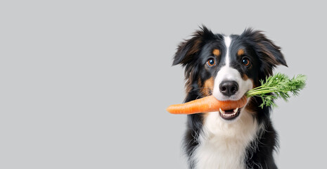 Fototapeta premium Dog holding carrot in his teeth