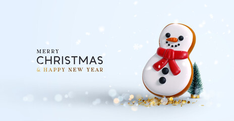 Christmas and New year background. Realistic 3d snowman cookie with red scarf stands beside a small Christmas tree, golden confetti, blur gold bokeh lights on soft blue background. Vector illustration