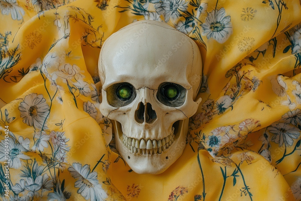 Wall mural Spooky human skull looking at camera with green eyes while being placed on fabrics with drawn flowers and yellow background - generative ai