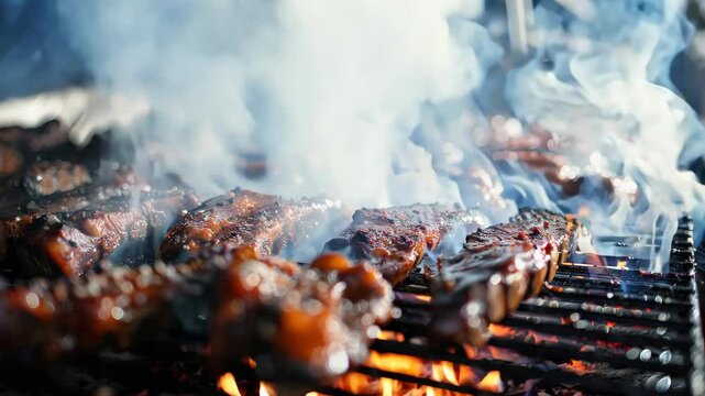 Meat beef steak on the grill with fire and smoke at outdoor