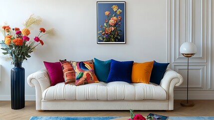  Stylish sofa setup with bold cushions and fresh flowers, creating a cheerful and inviting atmosphere. Mock up poster frame. 