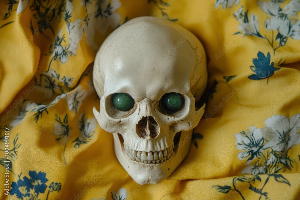 Wall mural Spooky human skull looking at camera with green eyes while being placed on fabrics with drawn flowers and yellow background - generative ai