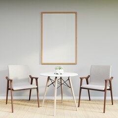 Mockup frame on table in living room interior on empty white wall background. 3D Rendering