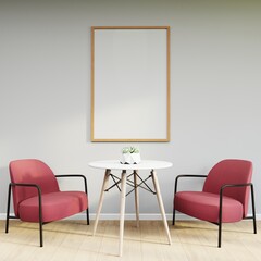 Mockup frame on table in living room interior on empty white wall background. 3D Rendering
