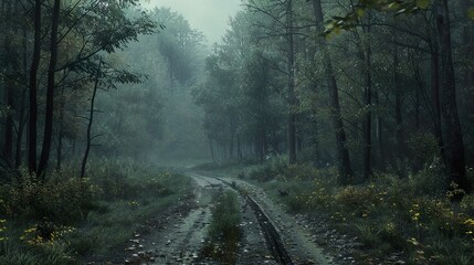 Fototapeta premium Misty Forest Path: A Serene and Mysterious Woodland Scene