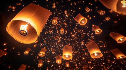 Hundreds of paper lanterns are released into the night sky during the Loy Krathong festival, creating a breathtaking scene of glowing lights floating towards the stars.