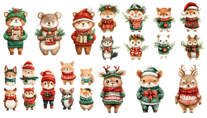 Fototapeta premium Adorable Christmas Animals Watercolor Collection Perfect for Holiday Cards and Festive Designs