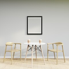 Mockup frame on table in living room interior on empty white wall background. 3D Rendering