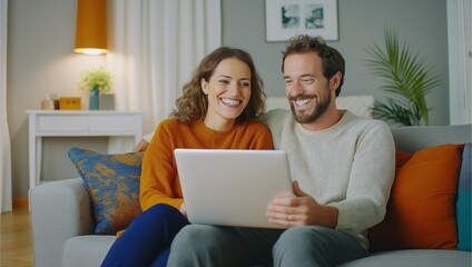 A smiling couple sits closely on their sofa, enjoying time together while looking at a laptop in a warmly lit, modern living room interior with plants.