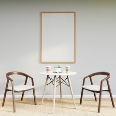 Mockup frame on table in living room interior on empty white wall background. 3D Rendering