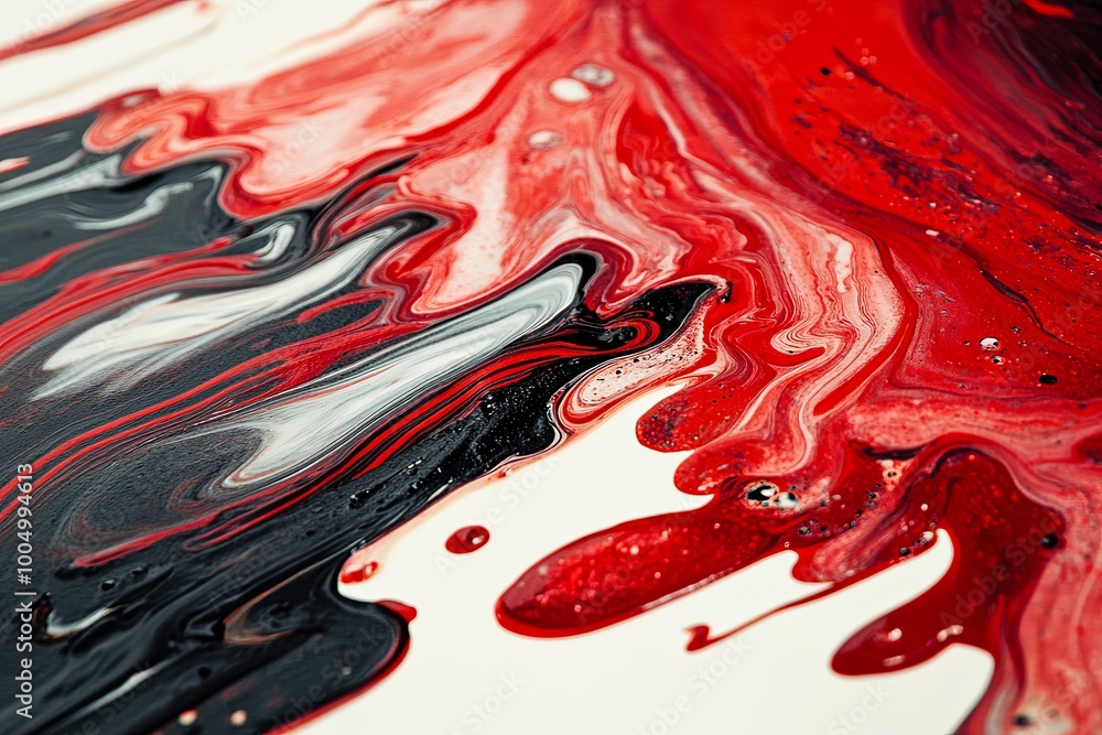 Poster abstract red and black fluid art with swirls of white, showcasing vibrant textures and colors in art
