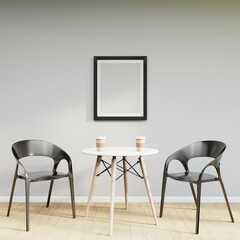 Mockup frame on table in living room interior on empty white wall background. 3D Rendering