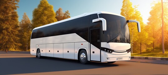A modern bus parked along a scenic road surrounded by trees in sunny weather