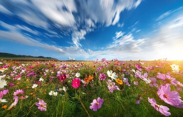 Obraz premium A field of colorful wildflowers, the sky behind is a vibrant blue with streaks of white clouds.