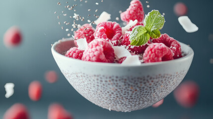 floating bowl of chia pudding topped with fresh raspberries and coconut flakes creates vibrant and healthy dessert. mint leaf adds refreshing touch to this delightful treat