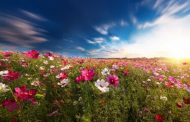 Obraz premium A vibrant field of pink and white flowers is illuminated by the setting sun with a blue sky filled with soft clouds.