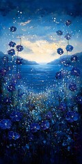 A dreamy blue landscape with flowers and a sparkling water surface. The sky is a mixture of blue and white, creating a sense of peacefulness.