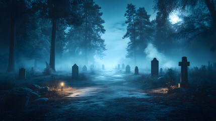 Graveyard in Spooky Death Forest on Halloween Night