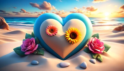 Fototapeta premium captivating sand heart with floral decorations by the shore