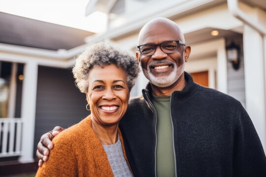 Portrait of a smiling African American senior couple in front of house