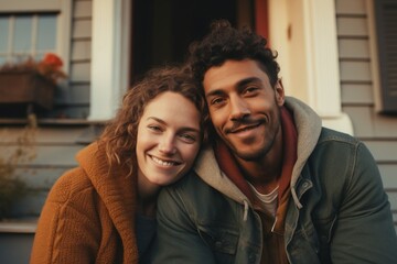 Fototapeta premium Portrait of a smiling American couple in front of house