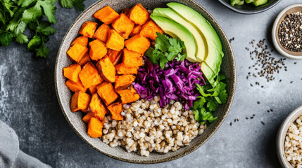 Healthy grain bowl with roasted sweet potatoes, avocado, purple cabbage, and barley, garnished with fresh cilantro. vibrant and nutritious meal option