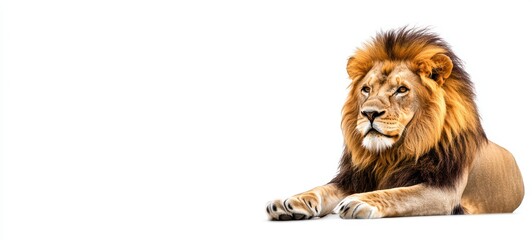 Fototapeta premium A powerful lion with a full, flowing mane, posed proudly against a white background