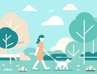 Walking With Dog Flat Vector Illustration Design
