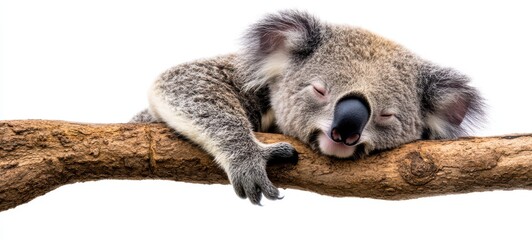 Fototapeta premium A sleepy koala with its large, round eyes and fuzzy ears, clinging to a branch against a stark white background